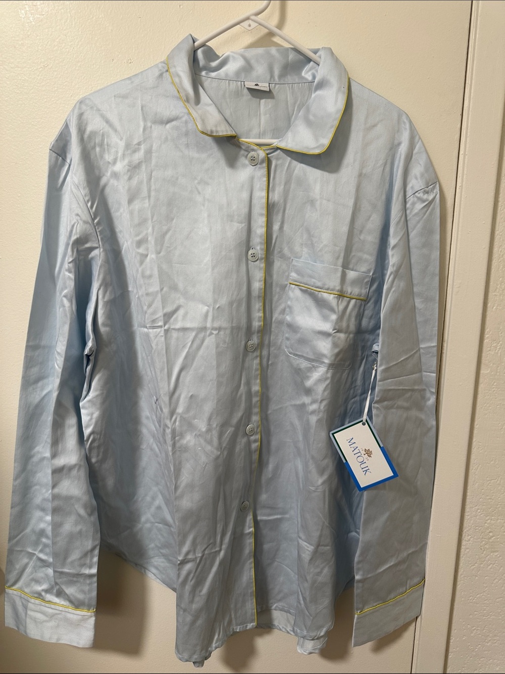 Matouk Light Blue Button-Down pajamas with a Yellow outline